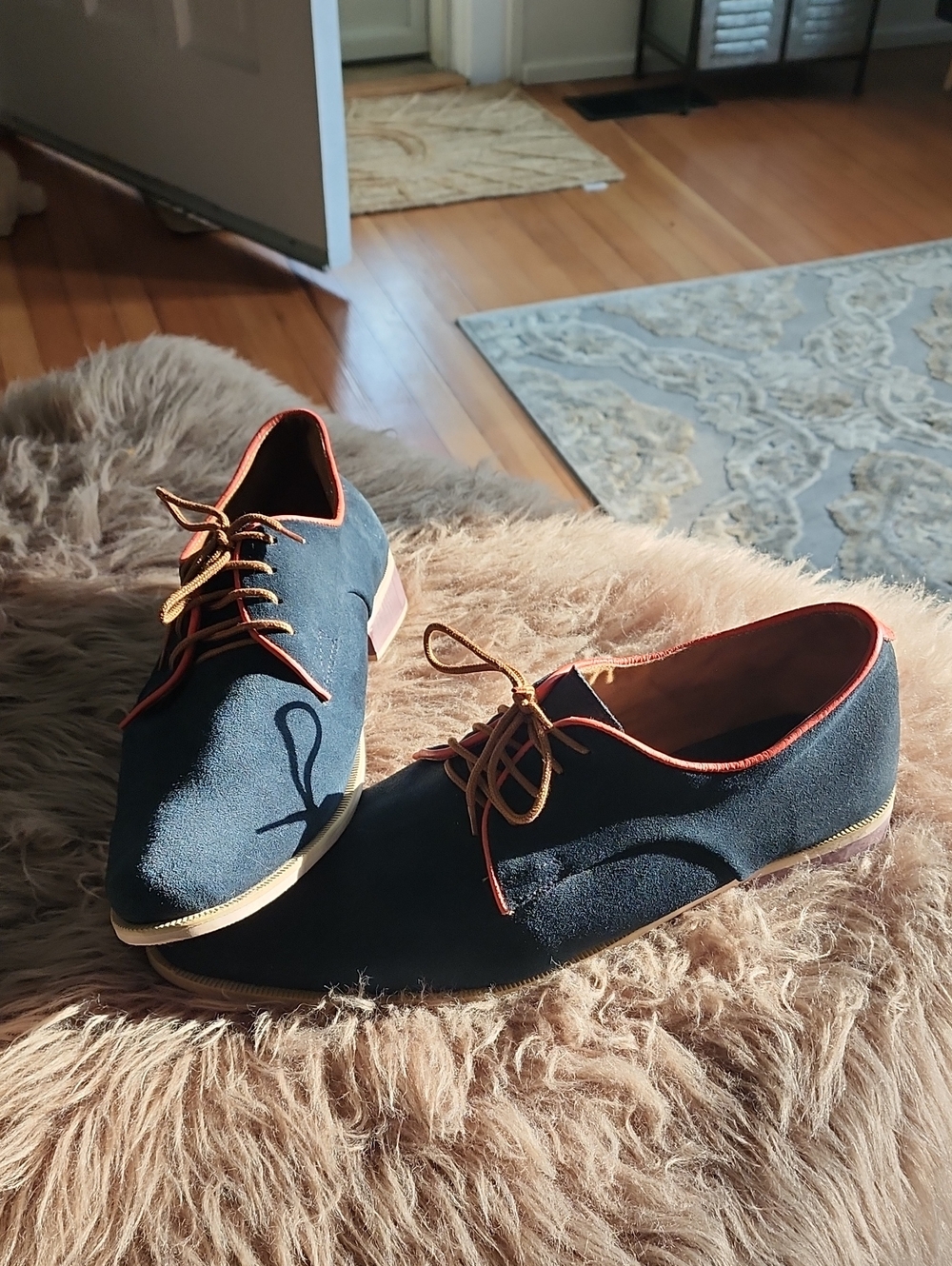 Men's Navy Suede Oxford Shoes with Tan Trim